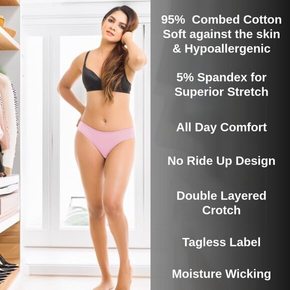 Women’s Cotton Bikini Panties 95% Cotton 5% Spandex 3-Pack Moisture-Wicking - Picture 4 of 7